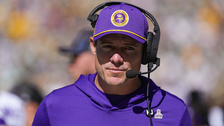 Sep 29, 2024; Green Bay, Wisconsin, USA;  Minnesota Vikings head coach Kevin O’Connell looks on during the second quarter against the Green Bay Packers at Lambeau Field.