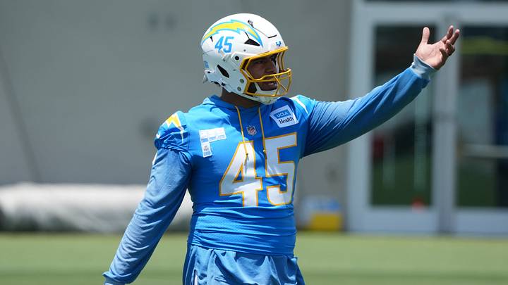 Jun 17, 2026; El Segundo, CA, USA; Los Angeles Chargers linebacker Tuli Tuipulotu (45) during minicamp at The Bolt. Mandatory Credit: Kirby Lee-Imagn Images Jun 17, 2026; El Segundo, CA, USA; Los Angeles Chargers linebacker Tuli Tuipulotu (45) during minicamp at The Bolt. Mandatory Credit: Kirby Lee-Imagn Images