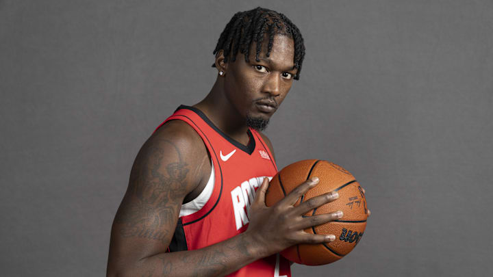 Sep 29, 2025; Houston, TX, USA;  Houston Rockets forward Dorian Finney-Smith (2) poses for a picture during Houston Rockets media day at Toyota Center. Mandatory Credit: Troy Taormina-Imagn Images