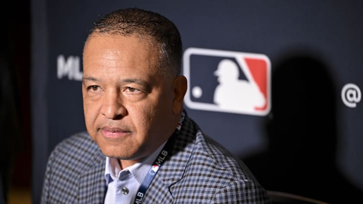 Dec 9, 2024; Dallas, TX, USA; Los Angeles Dodgers manager Dave Roberts speaks with the media at the Hilton Anatole during the 2024 MLB Winter Meetings. Mandatory Credit: Jerome Miron-Imagn Images
