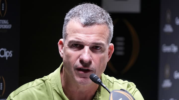 Jan 17, 2026; Miami, Florida, USA; Miami Hurricanes coach Mario Cristobal during media day for the 2025 College Football Playoff National Championship at Miami Beach Convention Center. Mandatory Credit: Kirby Lee-Imagn Images