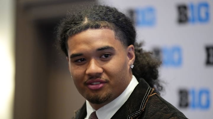 Jul 23, 2025; Las Vegas, NV, USA; Oregon defensive end Matayo Uiagalelei speaks to the media during the Big Ten NCAA college football media days at Mandalay Bay Resort. Mandatory Credit: Lucas Peltier-Imagn Images