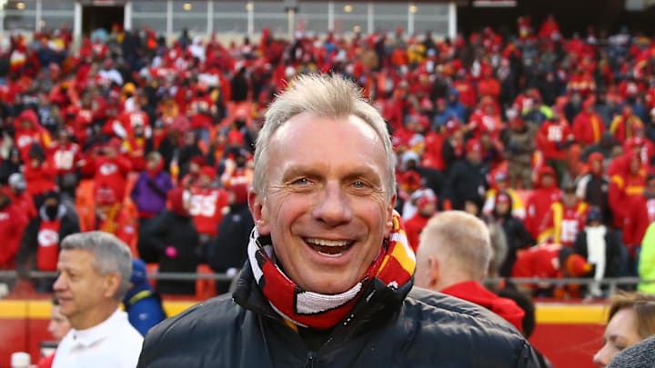 Jan 20, 2019; Kansas City, MO, USA; Kansas City Chiefs former player Joe Montana stands on the sidelines before the AFC Championship game between the Kansas City Chiefs and the New England Patriots at Arrowhead Stadium. Mandatory Credit: Mark J. Rebilas-Imagn Images