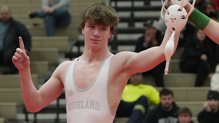 Highland’s Brandon Bickerton celebrates his win in the 120 pound weight class during the championship round of the Brecksville Invitational Holiday Tournament at Brecksville-Broadview Heights High School on Dec. 30, 2025. Highland’s Brandon Bickerton celebrates his win in the 120 pound weight class during the championship round of the Brecksville Invitational Holiday Tournament at Brecksville-Broadview Heights High School on Dec. 30, 2025.