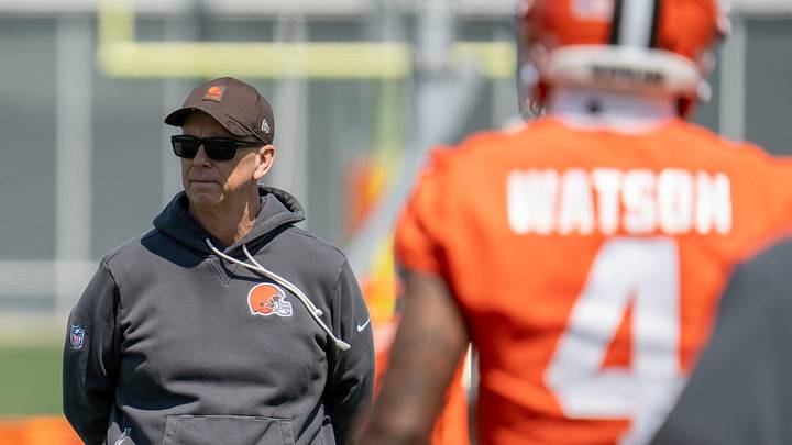 Coach Todd Monken watches quarterbacks practice, including Deshaun Watson, at the Browns mini camp in Berea on April 21, 2026.