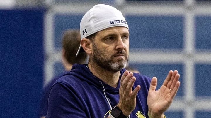 Notre Dame special teams coordinator Marty Biagi during Notre Dame Spring Practice on Wednesday, March 22, 2023, at Irish Athletics Center in South Bend, Indiana.

Ncaa Foorball 2023 Notre Dame Spring Practice