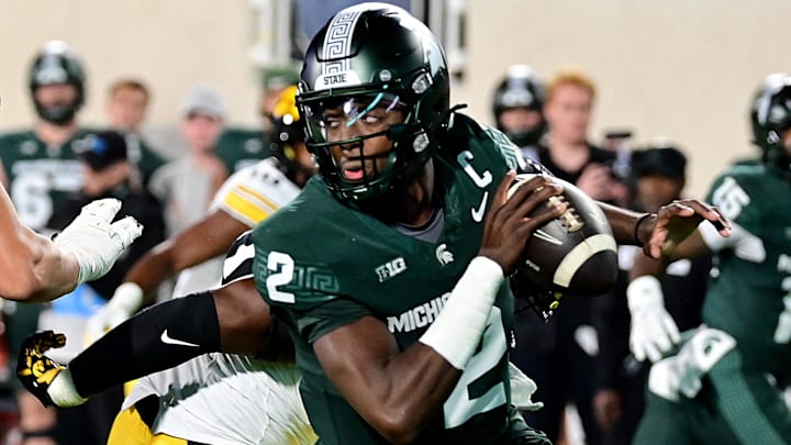 Oct 19, 2024; East Lansing, Michigan, USA; Michigan State Spartans quarterback Aidan Chiles (2) scrambles against the Iowa Hawkeyes during the first quarter at Spartan Stadium. Mandatory Credit: Dale Young-Imagn Images Oct 19, 2024; East Lansing, Michigan, USA; Michigan State Spartans quarterback Aidan Chiles (2) scrambles against the Iowa Hawkeyes during the first quarter at Spartan Stadium. Mandatory Credit: Dale Young-Imagn Images
