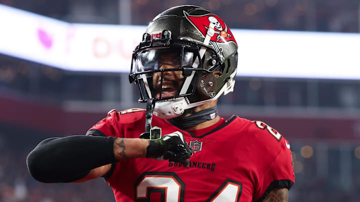 Jan 15, 2024; Tampa, Florida, USA; Tampa Bay Buccaneers cornerback Carlton Davis III (24) gestures after a play against the Philadelphia Eagles during the second half of a 2024 NFC wild card game at Raymond James Stadium. Mandatory Credit: Kim Klement Neitzel-Imagn Images