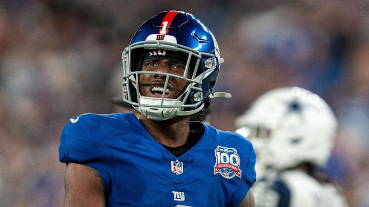 Sep 26, 2024; East Rutherford, NJ, US; New York Giants wide receiver Malik Nabers (1) celebrates after catching a pass for a first down at MetLife Stadium.  