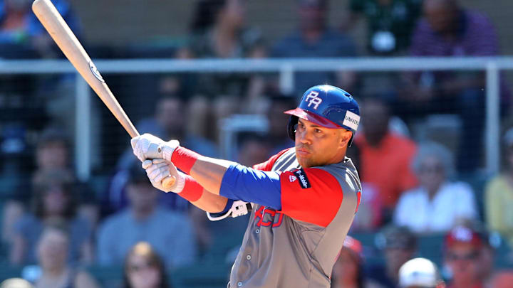 Mar 9, 2017; Scottsdale, AZ, USA; Puerto Rico outfielder Carlos Beltran against the Colorado Rockies during a 2017 World Baseball Classic exhibition game at Salt River Fields. Mandatory Credit: Mark J. Rebilas-Imagn Images