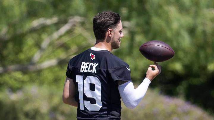 May 8, 2026; Tempe, AZ, USA; Arizona Cardinals quarterback Carson Beck (19) spins a football on his finger during rookie minicamp at Dignity Health Arizona Cardinals Training Center. Mandatory Credit: Mark J. Rebilas-Imagn Images May 8, 2026; Tempe, AZ, USA; Arizona Cardinals quarterback Carson Beck (19) spins a football on his finger during rookie minicamp at Dignity Health Arizona Cardinals Training Center. Mandatory Credit: Mark J. Rebilas-Imagn Images