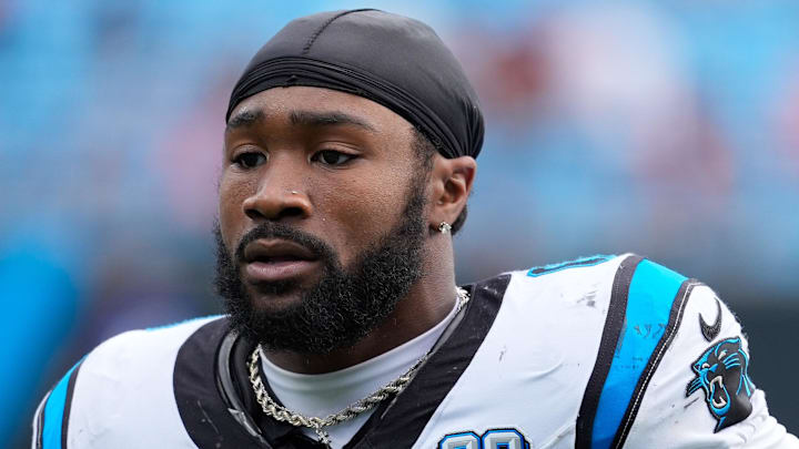 Sep 29, 2024; Charlotte, North Carolina, USA; Carolina Panthers running back Miles Sanders (6) during the fourth quarter at Bank of America Stadium. Mandatory Credit: Jim Dedmon-Imagn Images