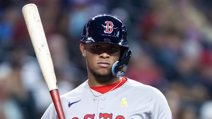 Sep 7, 2025; Phoenix, Arizona, USA; Boston Red Sox outfielder Ceddanne Rafaela against the Arizona Diamondbacks at Chase Field. Mandatory Credit: Mark J. Rebilas-Imagn Images