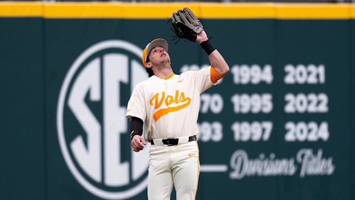 Tennessee's Chris Newstrom (10) makes the catch for an out during a college baseball game between Tennessee and Hofstra at Lindsey Nelson Stadium in Knoxville on Sunday, Feb. 16, 2025.