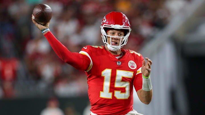Oct 2, 2022; Tampa, Florida, USA;  Kansas City Chiefs quarterback Patrick Mahomes (15) drops back to pass against the Tampa Bay Buccaneers in the third quarter at Raymond James Stadium. Mandatory Credit: Nathan Ray Seebeck-Imagn Images