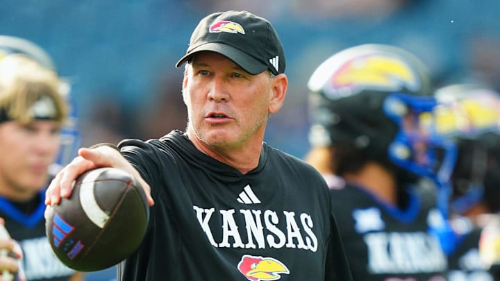 Sep 13, 2024; Kansas City, Kansas, USA; Kansas Jayhawks head coach Lance Leipold during warmups prior to a game against the UNLV Rebels at Children's Mercy Park. Mandatory Credit: Jay Biggerstaff-Imagn Images Sep 13, 2024; Kansas City, Kansas, USA; Kansas Jayhawks head coach Lance Leipold during warmups prior to a game against the UNLV Rebels at Children's Mercy Park. Mandatory Credit: Jay Biggerstaff-Imagn Images