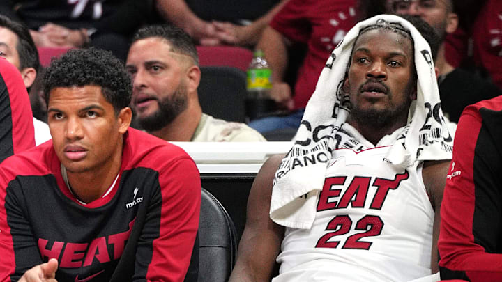 Oct 16, 2024; Miami, Florida, USA; Miami Heat forward Jimmy Butler (22) on the bench in the second half against the Atlanta Hawks at Kaseya Center. Mandatory Credit: Jim Rassol-Imagn Images Oct 16, 2024; Miami, Florida, USA; Miami Heat forward Jimmy Butler (22) on the bench in the second half against the Atlanta Hawks at Kaseya Center. Mandatory Credit: Jim Rassol-Imagn Images