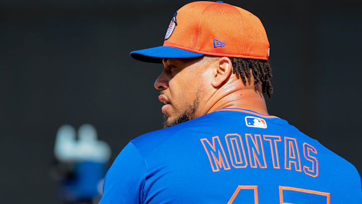 Feb 12, 2025; Port St. Lucie, FL, USA; New York Mets pitcher Frankie Montas (47) pitches during a Spring Training workout at Clover Park. Mandatory Credit: Sam Navarro-Imagn Images