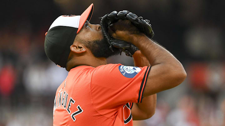 Aug 24, 2024; Baltimore, Maryland, USA; Baltimore Orioles relief pitcher Seranthony Dominguez (56) reacts after earning the save against the Houston Astros at Oriole Park at Camden Yards Aug 24, 2024; Baltimore, Maryland, USA; Baltimore Orioles relief pitcher Seranthony Dominguez (56) reacts after earning the save against the Houston Astros at Oriole Park at Camden Yards