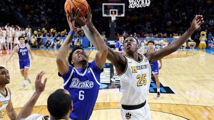 Missouri Tigers forward Mark Mitchell (25) blocks a player in a game versus the Drake Bulldogs, in the first round of the NCAA Tournament last season.