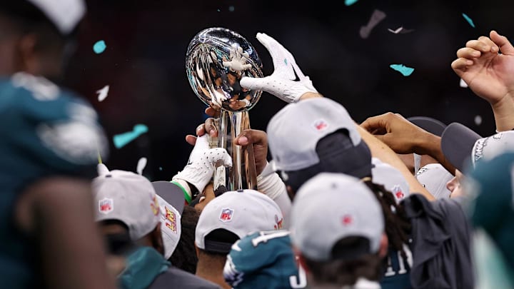 Feb 9, 2025; New Orleans, LA, USA; A detail view as the Philadelphia Eagles lift the Vince Lombardi Trophy after winning Super Bowl LIX against the Kansas City Chiefs at Caesars Superdome. Mandatory Credit: Bill Streicher-Imagn Images