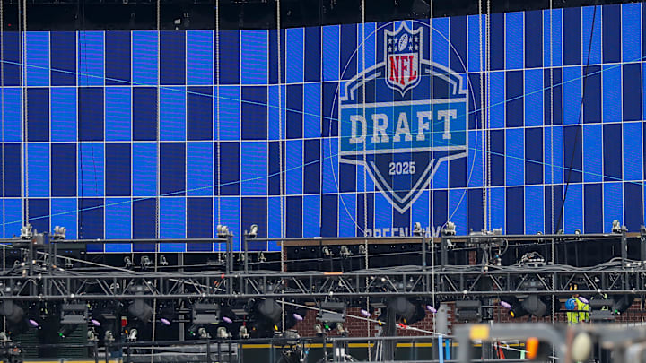 A video board displays the 2025 NFL Draft logo as the NFL Draft Theater is under construction on Thursday, April 17, 2025, at Lambeau Field in Green Bay, WI. The 2025 NFL Draft will be held April 24-26. 