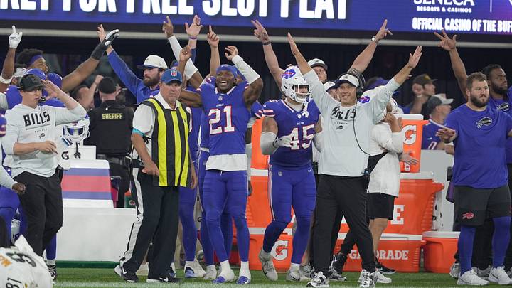 The sideline erupts in celebration as the Buffalo Bills pull ahead with a little over one minute remaining in the preseason finale against the Pittsburgh Steelers at the new Highmark Stadium on Thursday, Aug. 27, 2026. The sideline erupts in celebration as the Buffalo Bills pull ahead with a little over one minute remaining in the preseason finale against the Pittsburgh Steelers at the new Highmark Stadium on Thursday, Aug. 27, 2026.