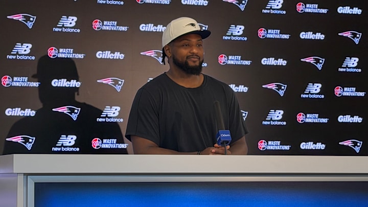 New England Patriots fullback Reggie Gilliam speaks to reporters after the third week of voluntary offseason workouts.