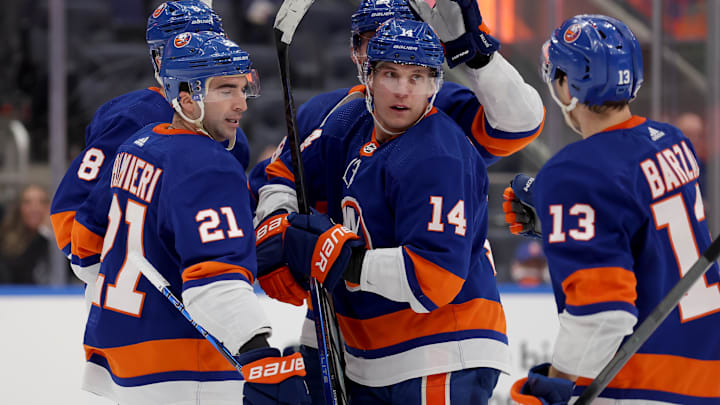 Jan 11, 2024; Elmont, New York, USA; New York Islanders center Bo Horvat (14) celebrates his power