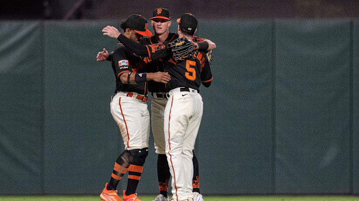 Sep 30, 2023; San Francisco, California, USA; San Francisco Giants center fielder Mike Yastrzemski (5) and San Francisco Giants center fielder Tyler Fitzgerald (49) and San Francisco Giants left fielder Heliot Ramos (12) celebrate after the game against the Los Angeles Dodgers at Oracle Park. Sep 30, 2023; San Francisco, California, USA; San Francisco Giants center fielder Mike Yastrzemski (5) and San Francisco Giants center fielder Tyler Fitzgerald (49) and San Francisco Giants left fielder Heliot Ramos (12) celebrate after the game against the Los Angeles Dodgers at Oracle Park.