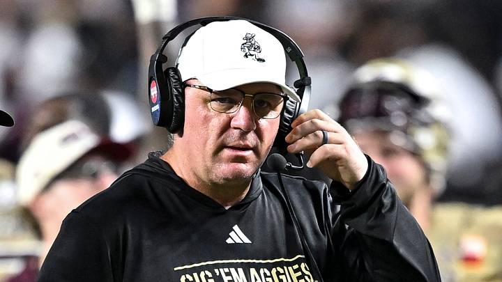 Oct 3, 2026; College Station, Texas, USA; Texas A&M Aggies head coach Mike Elko looks on during a time-out in fourth quarter against the Arkansas Razorbacks at Kyle Field. Mandatory Credit: Maria Lysaker-Imagn Images