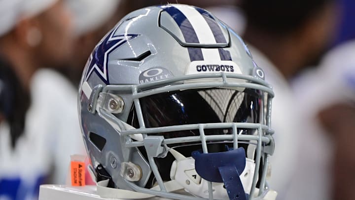 Sep 24, 2023; Glendale, Arizona, USA;  Detail view of a Dallas Cowboys helmet in the second half against the Arizona Cardinals at State Farm Stadium. Mandatory Credit: Matt Kartozian-Imagn Images