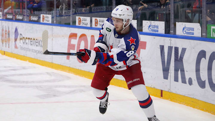 CSKA Hockey Club player, Nikolai Makarov (No.18) seen in...