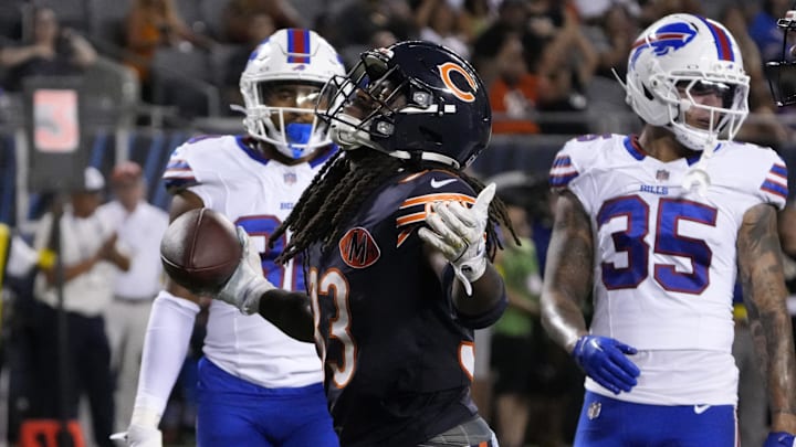 Aug 17, 2025; Chicago, Illinois, USA; Chicago Bears running back Ian Wheeler (33) scores a touchdown  against the Buffalo Bills during the second half at Soldier Field. Mandatory Credit: David Banks-Imagn Images