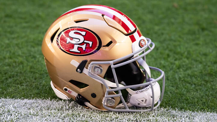 Jan 5, 2025; Glendale, Arizona, USA; Detailed view of a San Francisco 49ers helmet at State Farm Stadium. Mandatory Credit: Mark J. Rebilas-Imagn Images Jan 5, 2025; Glendale, Arizona, USA; Detailed view of a San Francisco 49ers helmet at State Farm Stadium. Mandatory Credit: Mark J. Rebilas-Imagn Images