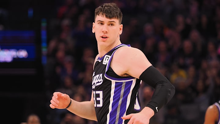 Feb 8, 2025; Sacramento, California, USA; Sacramento Kings forward Jake LaRavia (33) after scoring a basket against the New Orleans Pelicans during the first quarter at Golden 1 Center. Mandatory Credit: Kelley L Cox-Imagn Images