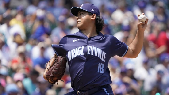 Jun 21, 2024; Chicago, Illinois, USA; Chicago Cubs pitcher Shota Imanaga (18) throws the ball against the New York Mets during the first inning at Wrigley Field.