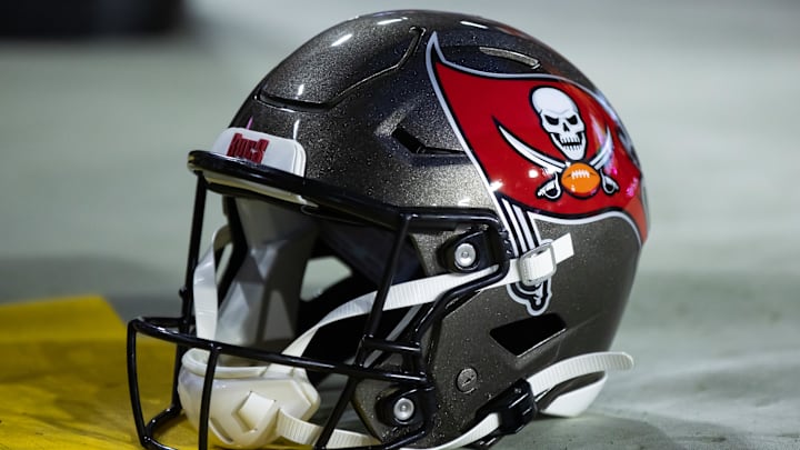 Dec 25, 2022; Glendale, Arizona, USA; Detailed view of a Tampa Bay Buccaneers helmet at State Farm Stadium. Mandatory Credit: Mark J. Rebilas-Imagn Images