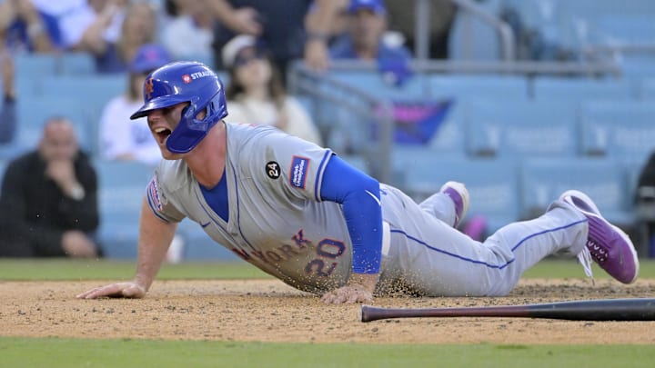 New York Mets first baseman Pete Alonso scores during a National League Championship Series game against the Los Angeles Dodgers on Oct. 14 at Dodger Stadium.