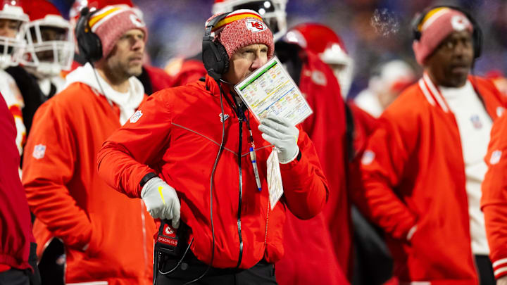 Jan 21, 2024; Orchard Park, New York, USA; Kansas City Chiefs defensive coordinator Steve Spagnuolo during the first half for the 2024 AFC divisional round game at Highmark Stadium. Mandatory Credit: Mark J. Rebilas-Imagn Images