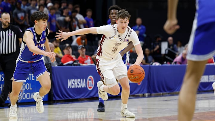 Logan-Rogersville's Chase Branham (3) moves the ball during the Class 4 state championship game against Clayton, Saturday, March 21, 2026, at Mizzou Arena in Columbia, Mo.