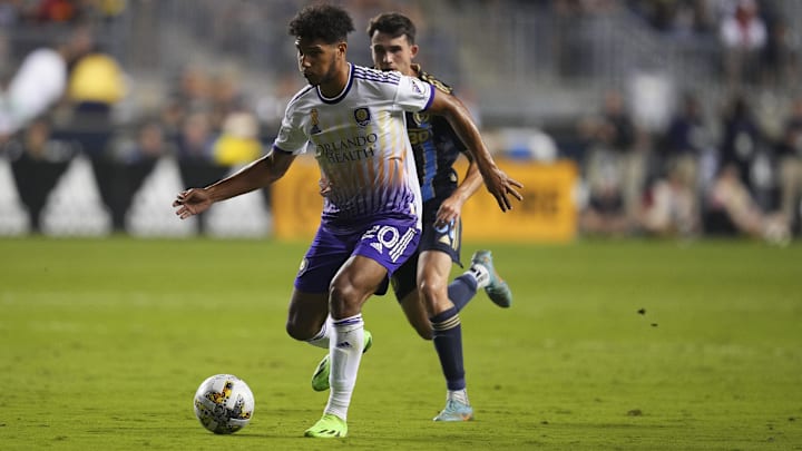 Sep 10, 2022; Chester, Pennsylvania, USA; Orlando City forward Nicholas Gioacchini (20) controls the