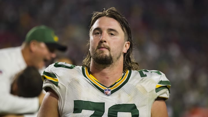Oct 28, 2021; Glendale, Arizona, USA; Green Bay Packers guard Royce Newman (70) against the Arizona Cardinals at State Farm Stadium. Mandatory Credit: Mark J. Rebilas-Imagn Images Oct 28, 2021; Glendale, Arizona, USA; Green Bay Packers guard Royce Newman (70) against the Arizona Cardinals at State Farm Stadium. Mandatory Credit: Mark J. Rebilas-Imagn Images