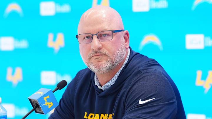 Apr 16, 2026; El Segundo, CA, USA; Los Angeles Chargers general manager Joe Hortiz speaks at press conference at The Bolt. Mandatory Credit: Kirby Lee-Imagn Images