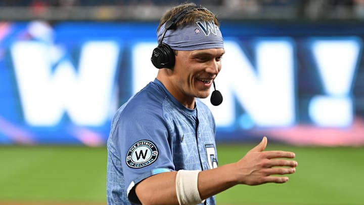 Jun 6, 2025; Washington, District of Columbia, USA; Washington Nationals right fielder Alex Call (17) is interviewed on the field after defeating the Texas Rangers at Nationals Park