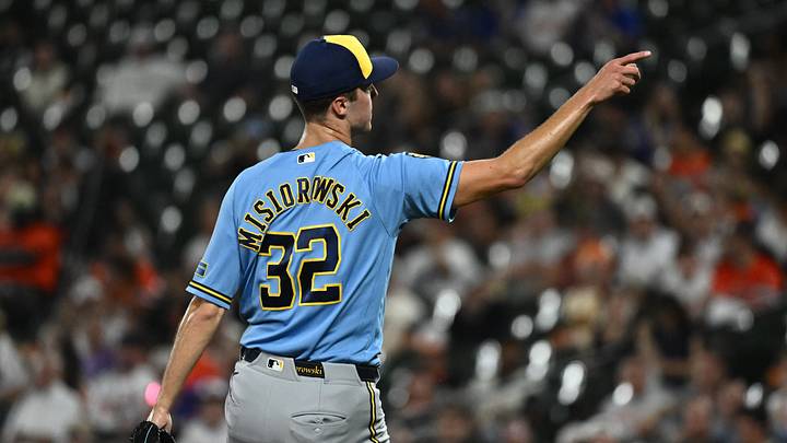 Sep 20, 2026; Baltimore, Maryland, USA; Milwaukee Brewers pitcher Jacob Misiorowski (32) gestures after a strikeout during the second inning against the Baltimore Orioles at Oriole Park at Camden Yards. Mandatory Credit: James A. Pittman-Imagn Images Sep 20, 2026; Baltimore, Maryland, USA; Milwaukee Brewers pitcher Jacob Misiorowski (32) gestures after a strikeout during the second inning against the Baltimore Orioles at Oriole Park at Camden Yards. Mandatory Credit: James A. Pittman-Imagn Images