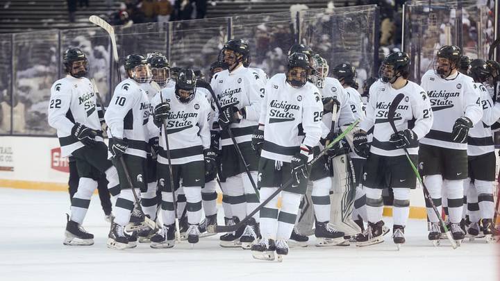 Jan 31, 2026; State College, PA, USA; Michigan State Spartan players celebrate after defeating the Penn State Nittany Lions during overtime at Beaver Stadium. Mandatory Credit: Matthew O'Haren-Imagn Images Jan 31, 2026; State College, PA, USA; Michigan State Spartan players celebrate after defeating the Penn State Nittany Lions during overtime at Beaver Stadium. Mandatory Credit: Matthew O'Haren-Imagn Images