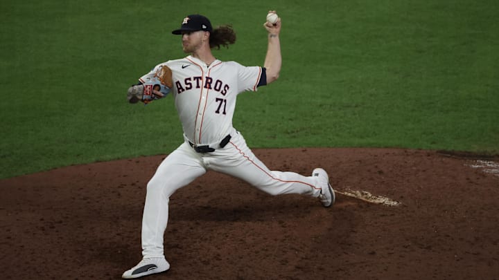 Sep 19, 2024; Houston, Texas, USA; Houston Astros relief pitcher Josh Hader (71) pitches against Los Angeles Angels in the ninth inning at Minute Maid Park. Sep 19, 2024; Houston, Texas, USA; Houston Astros relief pitcher Josh Hader (71) pitches against Los Angeles Angels in the ninth inning at Minute Maid Park.