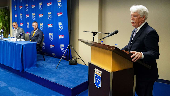 Nov 3, 2022; Kansas City, Missouri, USA; Kansas City Royals owner John Sherman introduces Matt Quatraro as manager during a press conference at Kauffman Stadium. Mandatory Credit: Jay Biggerstaff-Imagn Images Nov 3, 2022; Kansas City, Missouri, USA; Kansas City Royals owner John Sherman introduces Matt Quatraro as manager during a press conference at Kauffman Stadium. Mandatory Credit: Jay Biggerstaff-Imagn Images