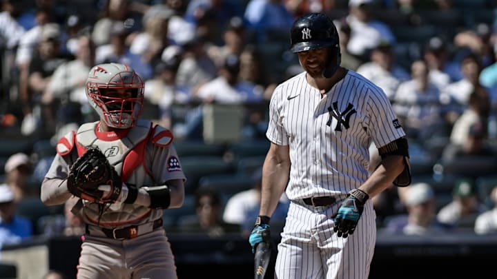 Aug 23, 2025; Bronx, New York, USA; New York Yankees designated hitter Giancarlo Stanton (27) reacts after striking out against the Boston Red Sox during the sixth inning at Yankee Stadium. Mandatory Credit: John Jones-Imagn Images